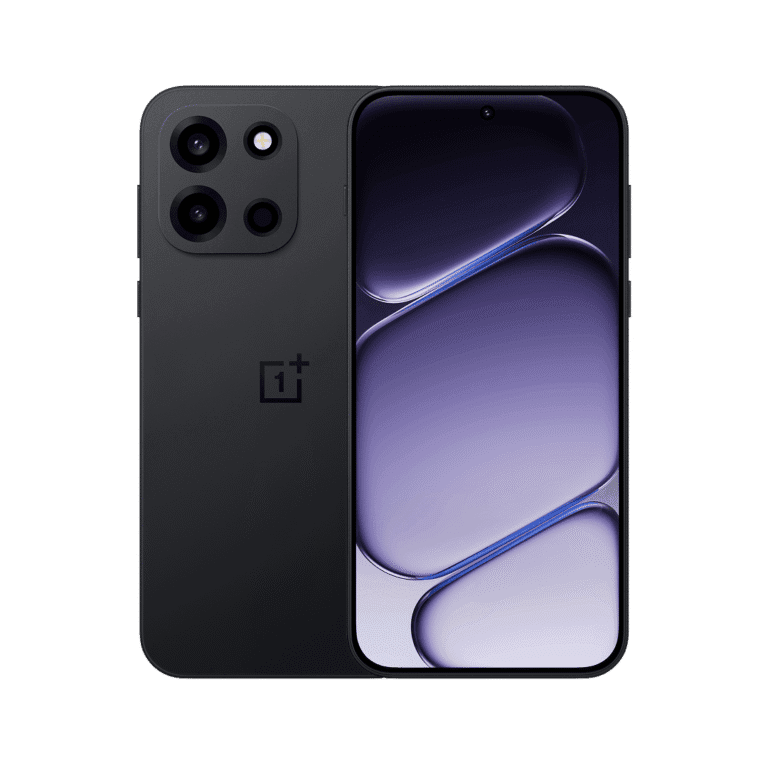 OnePlus Nord 6 smartphone in sleek black finish, featuring a dual-camera setup on the rear and a front display with purple and blue abstract visuals, set against a black background
