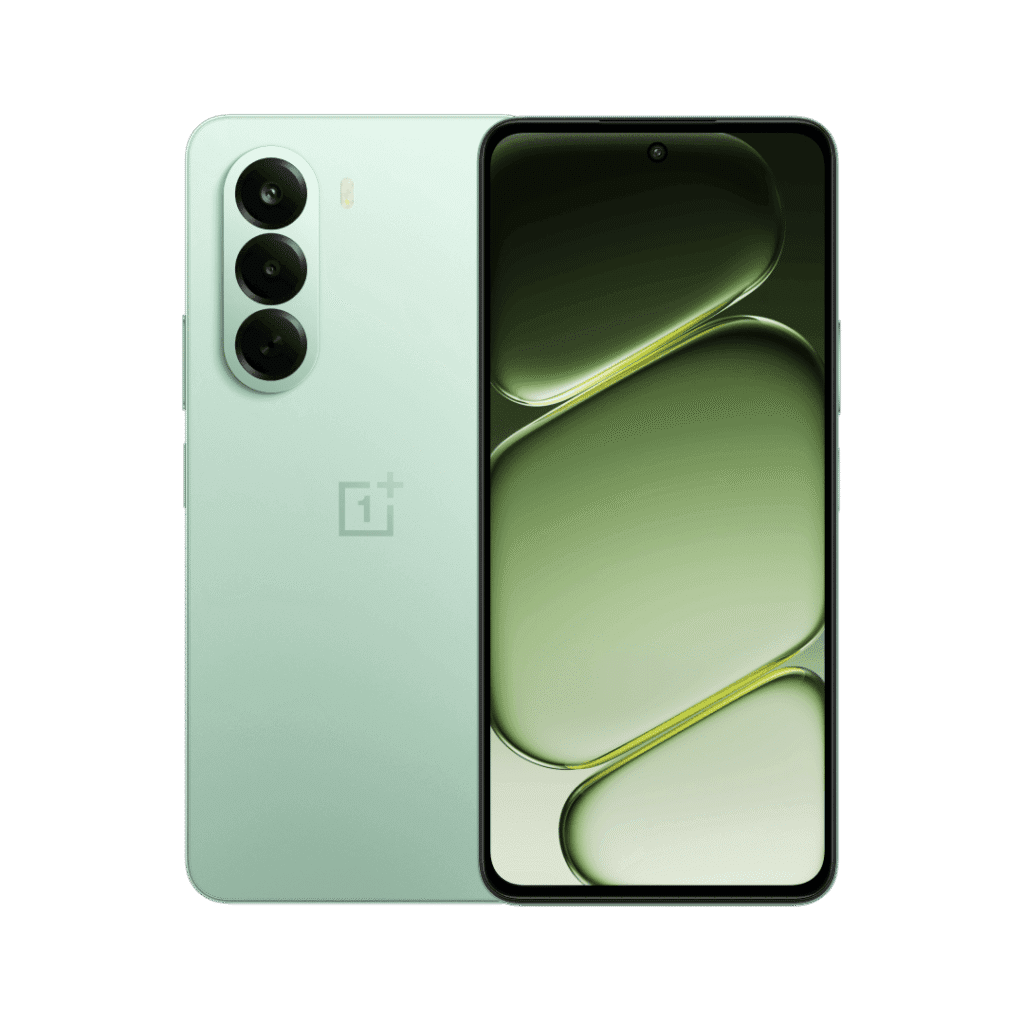 OnePlus Nord CE 6 Lite in fresh green shade, featuring triple-camera setup on the back and front screen with matching green-themed wallpaper, on a black background