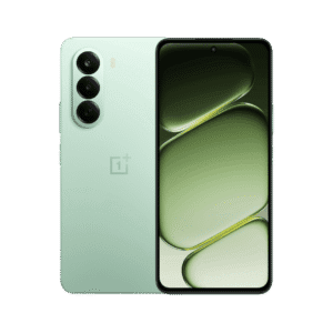 OnePlus Nord CE 6 Lite in fresh green shade, featuring triple-camera setup on the back and front screen with matching green-themed wallpaper, on a black background