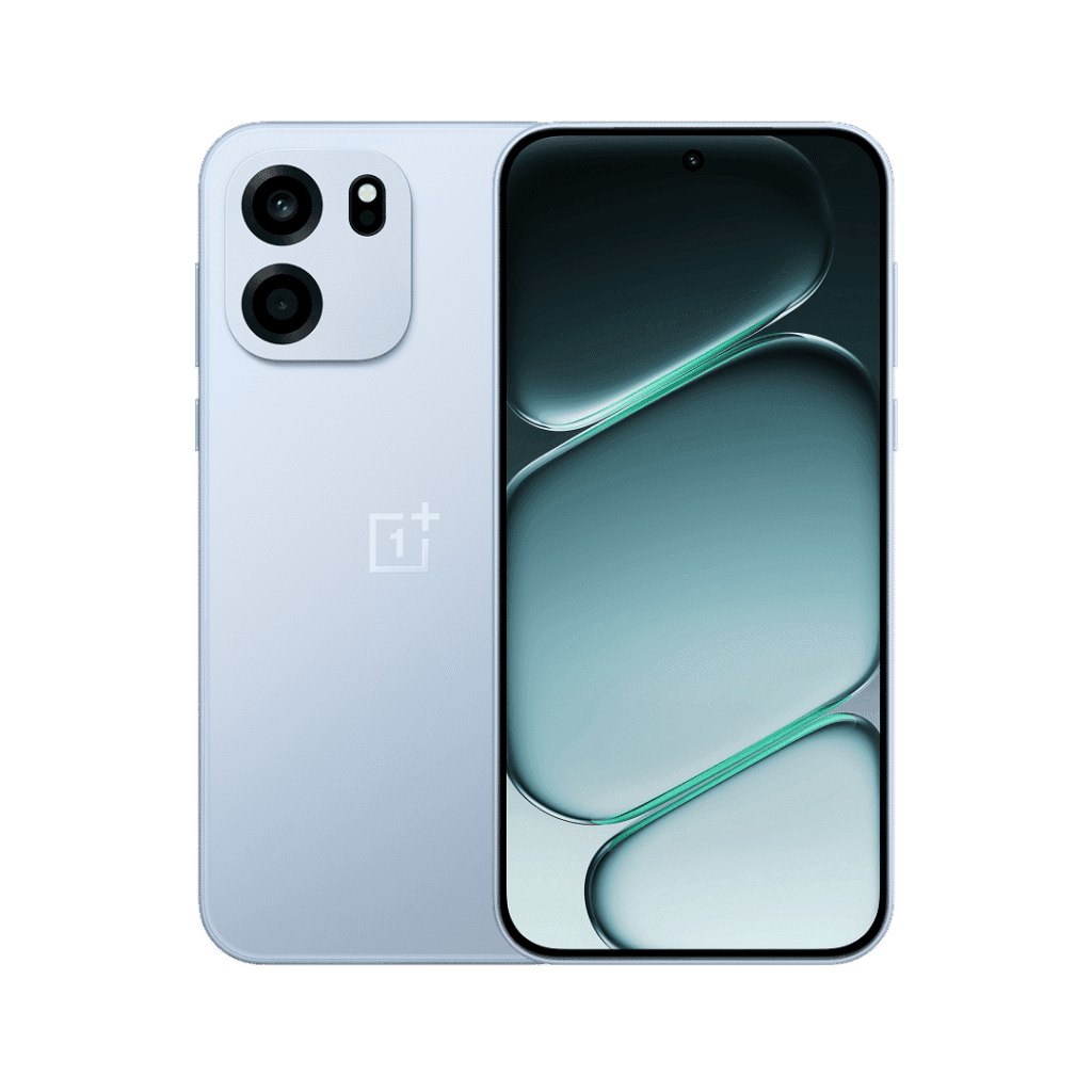 OnePlus Nord CE 6 in light blue finish, showcasing sleek rear design with dual-camera module and vibrant front display with abstract blue-green wallpaper, set against black background