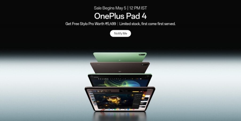 OnePlus Pad 4 promotional poster showing the tablet in green and brown colors, announcing sale starts May 5 at 12 PM IST with free Stylo Pro accessory offer