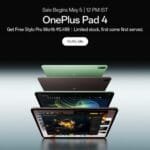 OnePlus Pad 4 promotional poster showing the tablet in green and brown colors, announcing sale starts May 5 at 12 PM IST with free Stylo Pro accessory offer