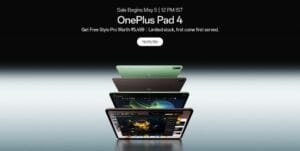 OnePlus Pad 4 promotional poster showing the tablet in green and brown colors, announcing sale starts May 5 at 12 PM IST with free Stylo Pro accessory offer