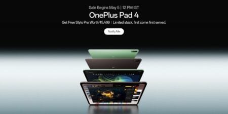 OnePlus Pad 4 promotional poster showing the tablet in green and brown colors, announcing sale starts May 5 at 12 PM IST with free Stylo Pro accessory offer
