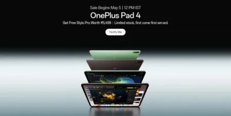 OnePlus Pad 4 promotional poster showing the tablet in green and brown colors, announcing sale starts May 5 at 12 PM IST with free Stylo Pro accessory offer