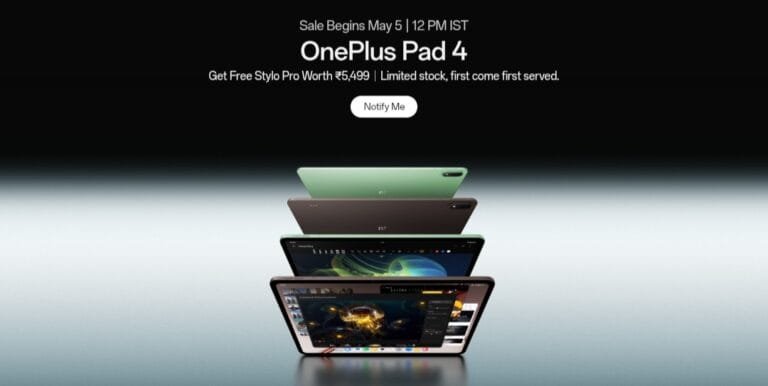 OnePlus Pad 4 promotional poster showing the tablet in green and brown colors, announcing sale starts May 5 at 12 PM IST with free Stylo Pro accessory offer