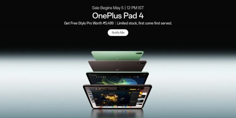 OnePlus Pad 4 promotional poster showing the tablet in green and brown colors, announcing sale starts May 5 at 12 PM IST with free Stylo Pro accessory offer