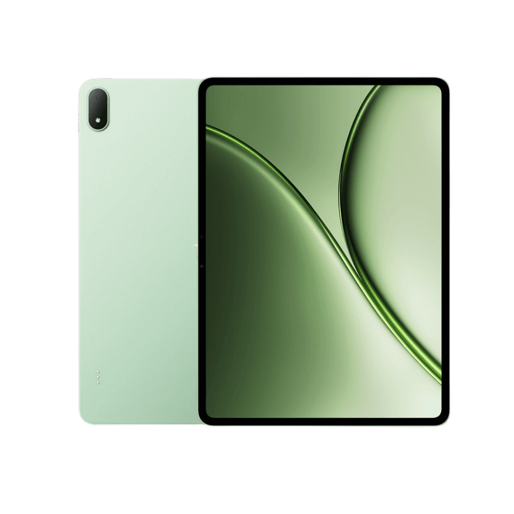 OnePlus Pad 4 in light green finish, showcasing its slim design, single rear camera, and front display with green abstract wallpaper against a black background