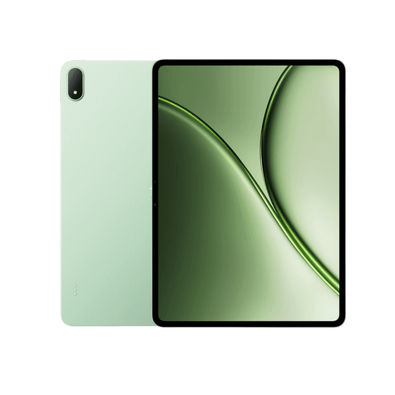 OnePlus Pad 4 in light green finish, showcasing its slim design, single rear camera, and front display with green abstract wallpaper against a black background