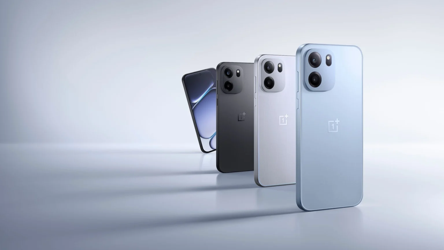 OnePlus Nord CE 6 series lineup displayed in black, silver, and light blue finishes, showcasing sleek designs and camera modules against a clean light gray background