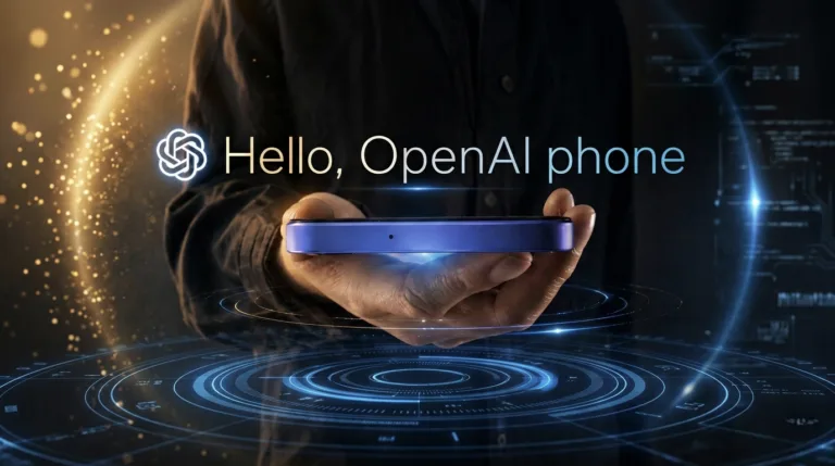 Futuristic OpenAI smartphone graphic with hand holding sleek purple device, glowing tech effects, and "Hello, OpenAI phone" branding.
