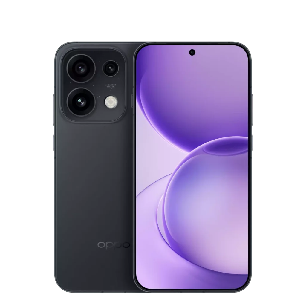 Oppo Reno 16 Pro in Starry Night Black color, front and back view showcasing sleek design, triple-camera array, and vibrant purple display