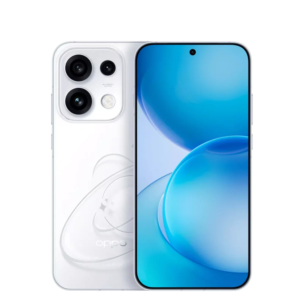 Oppo Reno 16 Oppo Reno 16 in Moonlit Night Black color, front and back view showing sleek design, triple-camera setup, and vibrant display