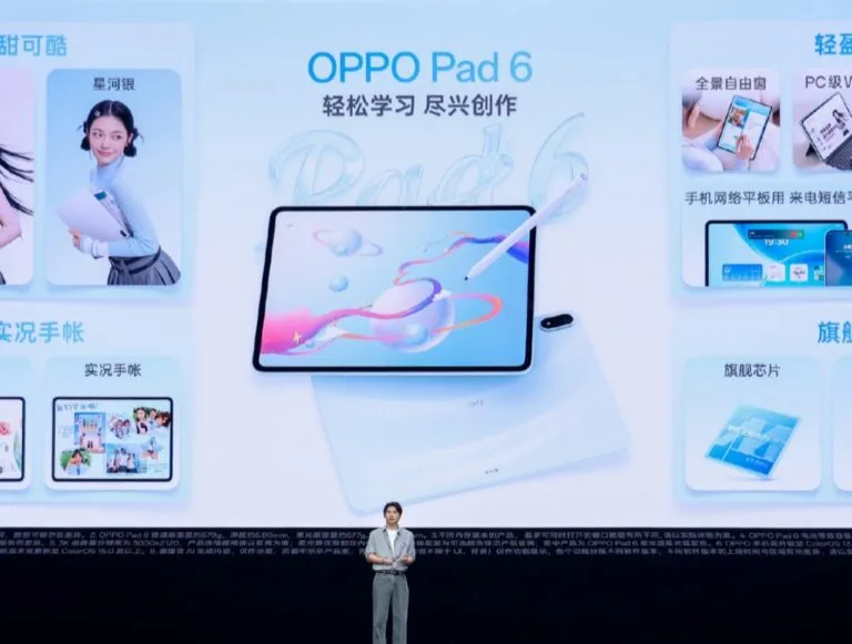 Oppo Pad 6 official launch event showcase, highlighting the tablet’s slim design, large display, stylus support, and key features