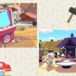 Collage for Nintendo Pokémon Pokopia tips, showing a Pokémon-themed arcade machine on the left and a cozy in-game campsite scene with characters and Pokémon gathered around a table on the right, decorated with small icons like a hammer and Pokémon Center logo