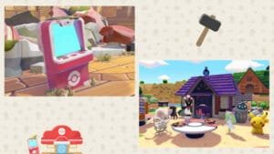 Collage for Nintendo Pokémon Pokopia tips, showing a Pokémon-themed arcade machine on the left and a cozy in-game campsite scene with characters and Pokémon gathered around a table on the right, decorated with small icons like a hammer and Pokémon Center logo