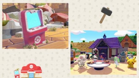 Collage for Nintendo Pokémon Pokopia tips, showing a Pokémon-themed arcade machine on the left and a cozy in-game campsite scene with characters and Pokémon gathered around a table on the right, decorated with small icons like a hammer and Pokémon Center logo