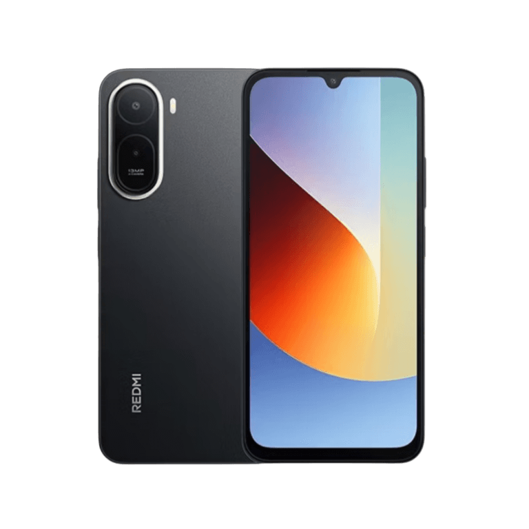 Redmi A7 Pro smartphone shown in black, displaying its back with dual-camera setup and REDMI branding, alongside the front view featuring a 6.9-inch screen with colorful gradient wallpaper, set against a solid black background.