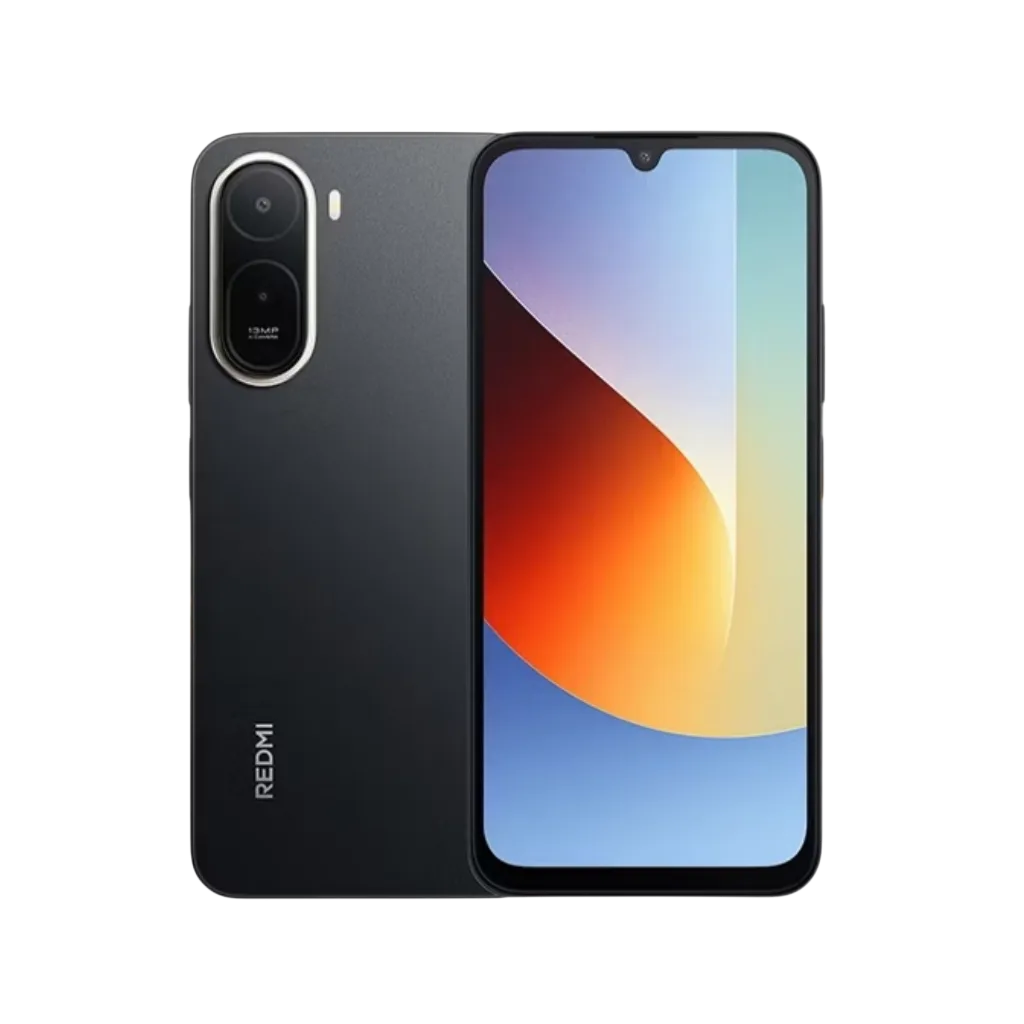 Redmi A7 Pro smartphone shown in black, displaying its back with dual-camera setup and REDMI branding, alongside the front view featuring a 6.9-inch screen with colorful gradient wallpaper, set against a solid black background.