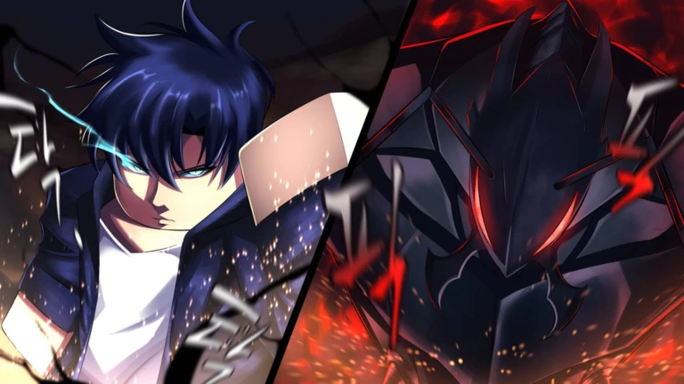 Split-panel artwork from Sailor Piece Roblox: young male character with spiky blue hair and glowing blue eyes on left, energy sparks around him; dark armored figure with glowing red eyes and fiery aura on right, dynamic action-style illustration