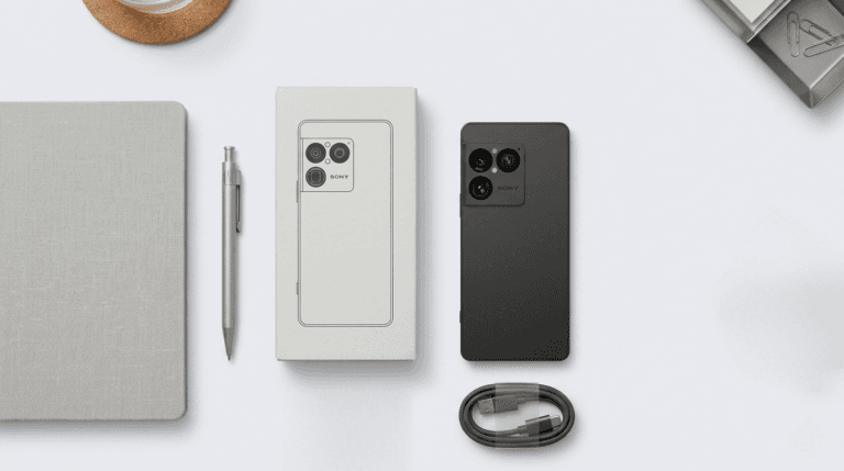 Sony Xperia 1 VIII matte black smartphone shown with original white packaging box and braided USB-C cable, minimalist clean design on light gray background