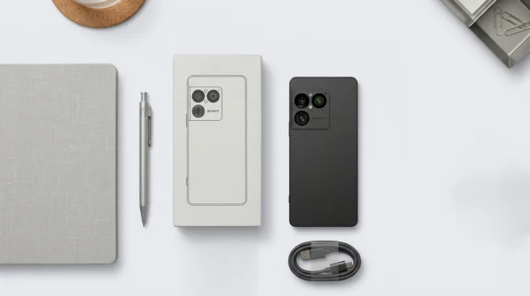 Sony Xperia 1 VIII matte black smartphone shown with original white packaging box and braided USB-C cable, minimalist clean design on light gray background