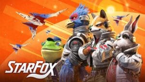 Star Fox key art with main characters and Arwing spaceships against orange sky