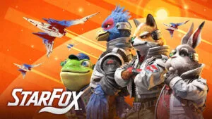 Star Fox key art with main characters and Arwing spaceships against orange sky