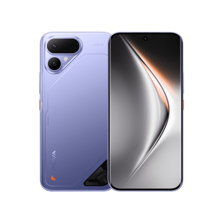TECNO Pova Curve 2 5G purple color variant, front and back full design view