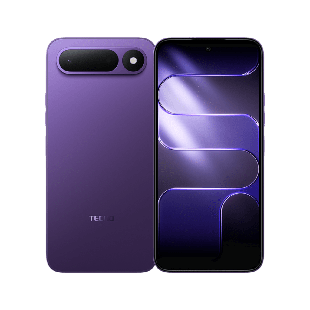 Tecno Spark 50 5G in striking purple finish, showcasing its sleek rear design with dual-camera module and vibrant front display with abstract purple wallpaper, set against a black background
