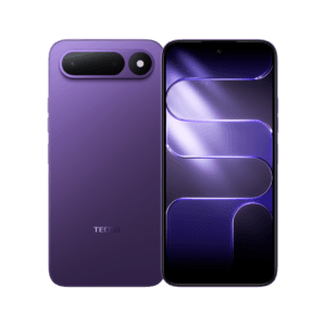 Tecno Spark 50 5G smartphone 1 Tecno Spark 50 5G in striking purple finish, showcasing its sleek rear design with dual-camera module and vibrant front display with abstract purple wallpaper, set against a black background