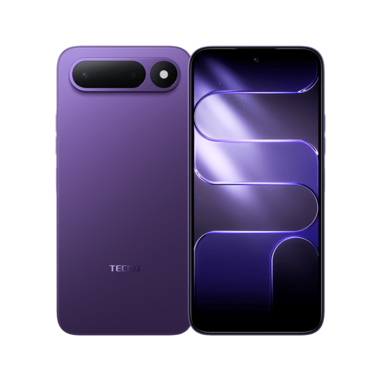 Tecno Spark 50 5G in striking purple finish, showcasing its sleek rear design with dual-camera module and vibrant front display with abstract purple wallpaper, set against a black background