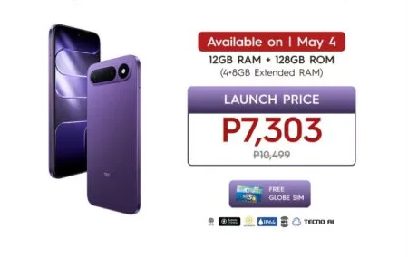 Tecno Spark 50 5G in purple, launching May 4 at ₱7,303 (SRP ₱10,499) for 12+8GB/128GB, with free Globe SIM