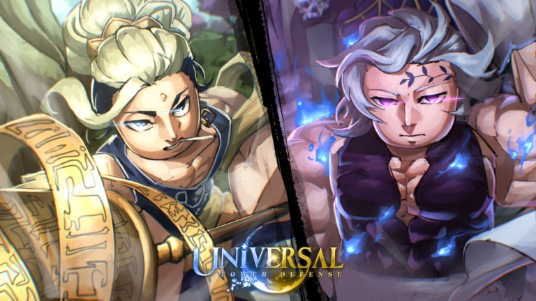 Artwork for Universal Tower Defense X featuring two anime-style characters with distinct designs and glowing effects, split by a dark line with the game's logo at the bottom
