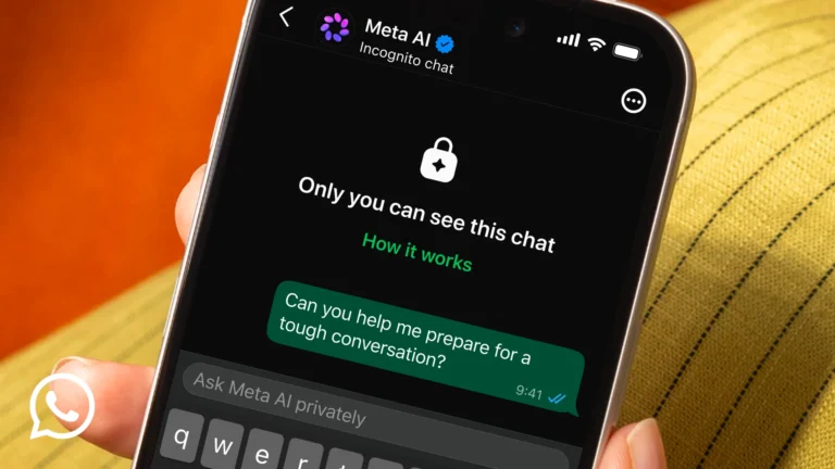 WhatsApp Incognito Chat with Meta AI screen showing "Only you can see this chat" label, private AI conversation interface