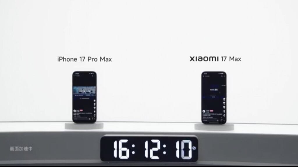 iPhone 17 Pro Max vs Xiaomi 17 Max side-by-side display with digital timer and speed indicator