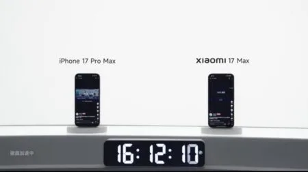 iPhone 17 Pro Max vs Xiaomi 17 Max side-by-side display with digital timer and speed indicator