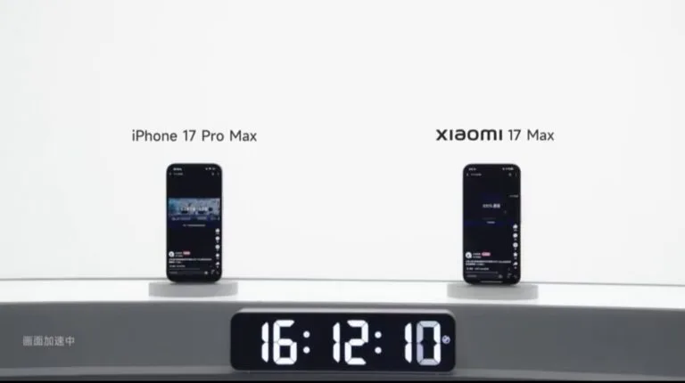 Xiaomi 17 Max Battery Runs Over 33 Hours, Beats Two iPhone 17 Pro Max With Total 32 Hours Runtime iPhone 17 Pro Max vs Xiaomi 17 Max side-by-side display with digital timer and speed indicator