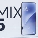 Xiaomi MIX 5 promotional image showing the smartphone with curved display and large 'MIX 5' text on white background