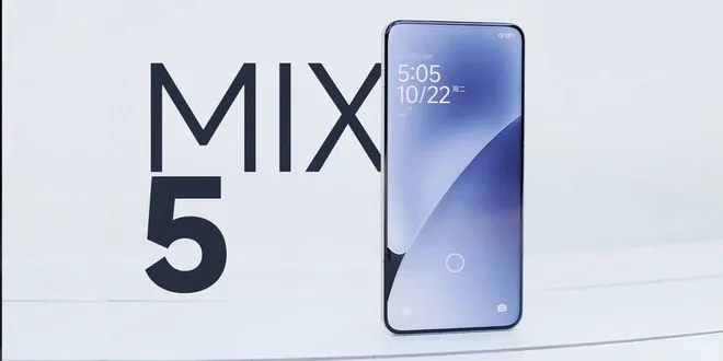 Xiaomi MIX 5 promotional image showing the smartphone with curved display and large 'MIX 5' text on white background