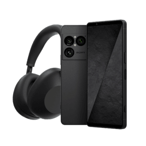 Sony Xperia 1 VIII smartphone shown in black, displaying its rear triple-camera setup with Zeiss branding, alongside matching Sony over-ear headphones, set against a solid black background.