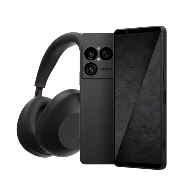 Sony Xperia 1 VIII smartphone shown in black, displaying its rear triple-camera setup with Zeiss branding, alongside matching Sony over-ear headphones, set against a solid black background.