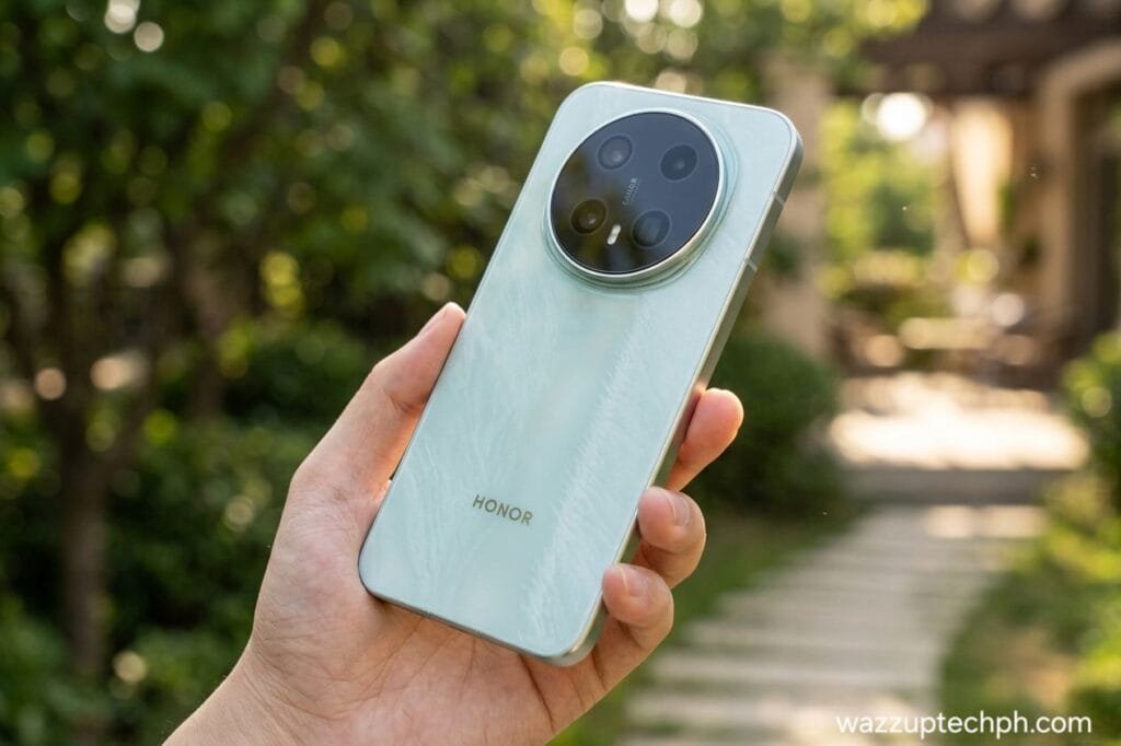 Honor Magic 9 Leak Points to Bigger Battery and 200MP Camera Upgrade Honor Magic 9 in light green finish, rear view showing circular camera module with four lenses, sleek textured back design, held in hand outdoors