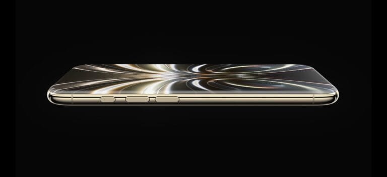 iPhone 20 gold edition – sleek curved edge design, premium metallic frame, side buttons, black background – next-gen Apple smartphone launch