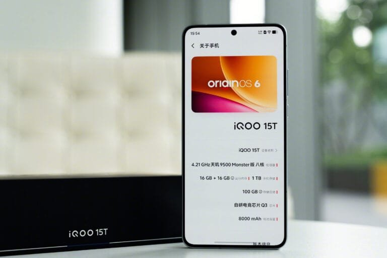 iQOO 15T display showing OriginOS 6, Dimensity 9500 Monster, 16GB RAM, 1TB storage, 8000mAh battery