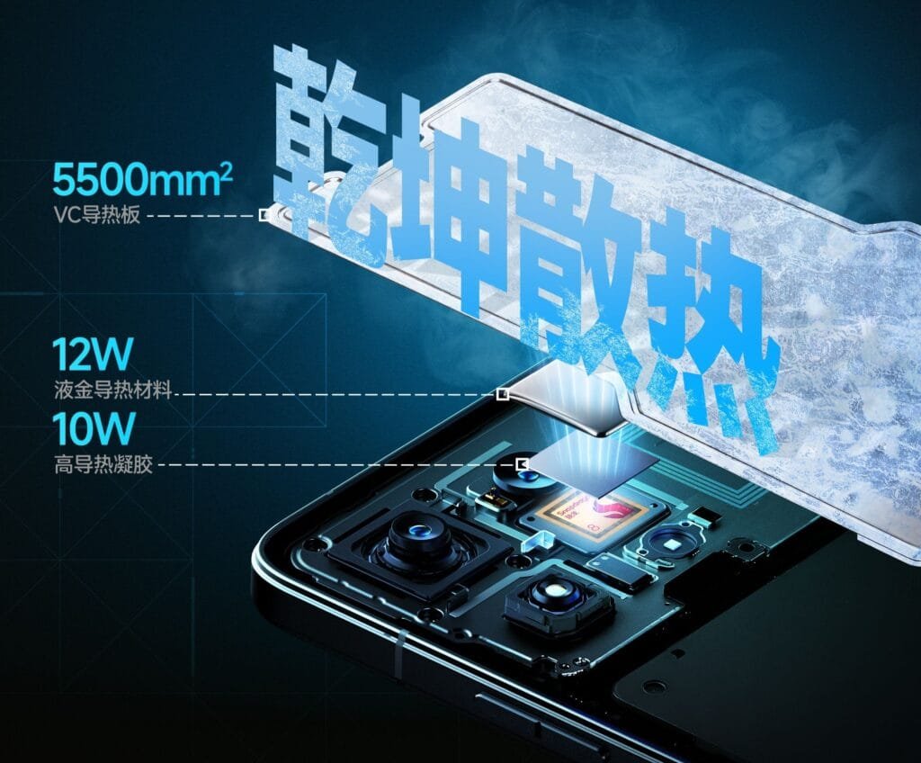 Lenovo Legion Y70 2026 cooling system diagram, showcasing 5500mm² VC heat plate, 12W liquid metal thermal material, and 10W high-conductivity gel for efficient heat dissipation, with internal components and camera visible
