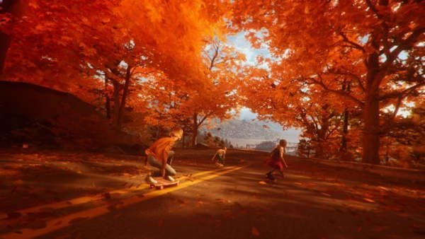 Mixtape gameplay: characters skateboarding down a road lined with vibrant orange autumn trees, scenic mountain view ahead.