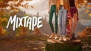 Mixtape game artwork: three young characters stand on a stone outcrop amid autumn trees and mountain backdrop, title "MIXTAPE" displayed in white script.