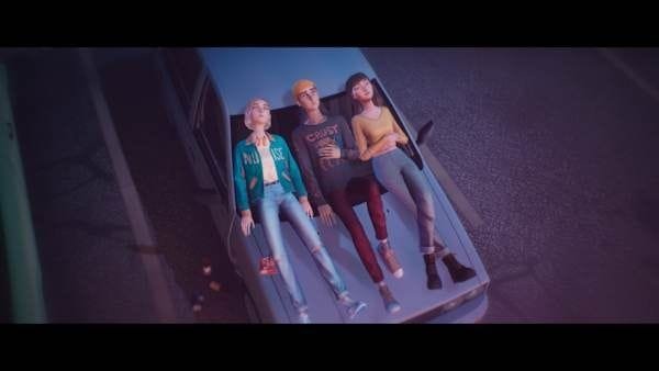 Mixtape scene: three friends relaxing side-by-side on the roof of a car under night sky, casual and nostalgic vibe.