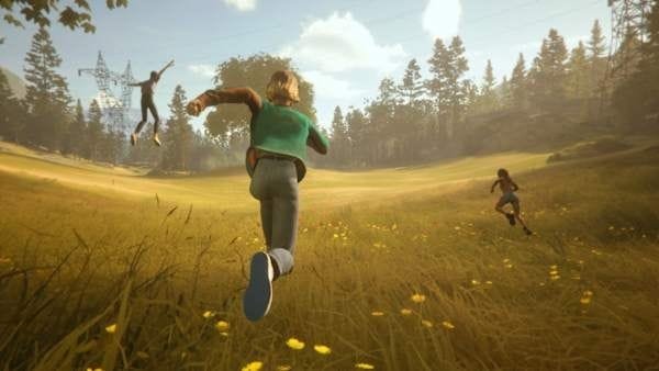 Mixtape gameplay: characters running and leaping across a sunlit golden meadow with forest and power lines in distance.